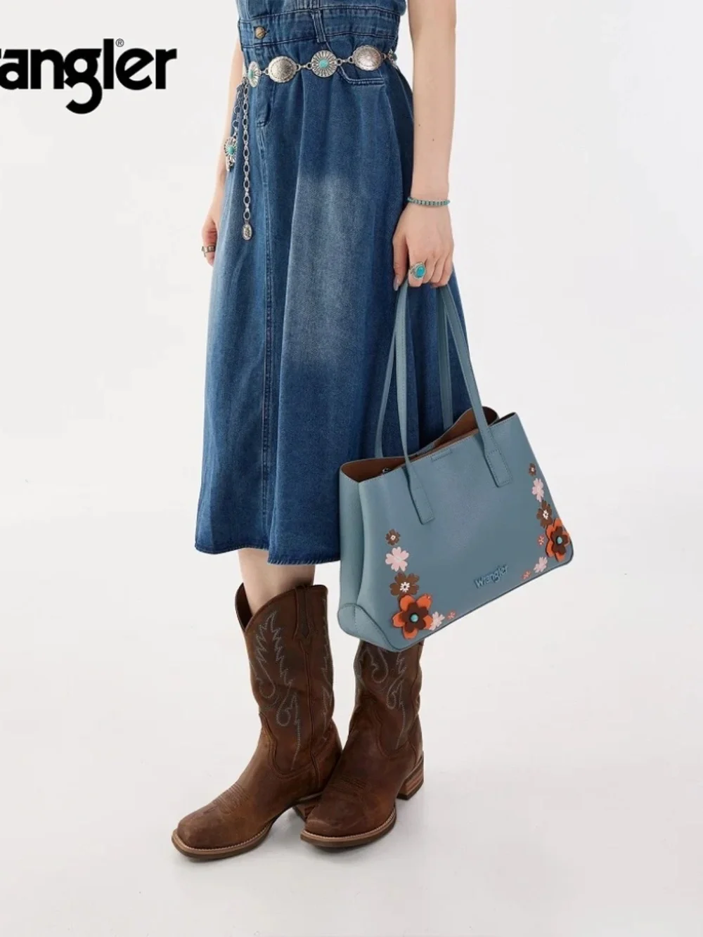 Wrangler Floral Accent Tote Shoulder Bag Jean